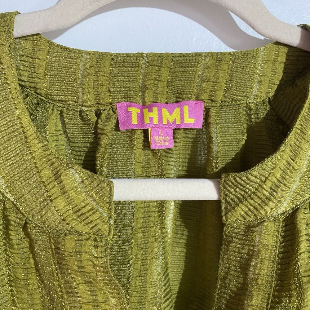 THML Anthropologie Top L Green Floral Embroidered Puff Sleeve Fall Boho - Picture 7 of 13